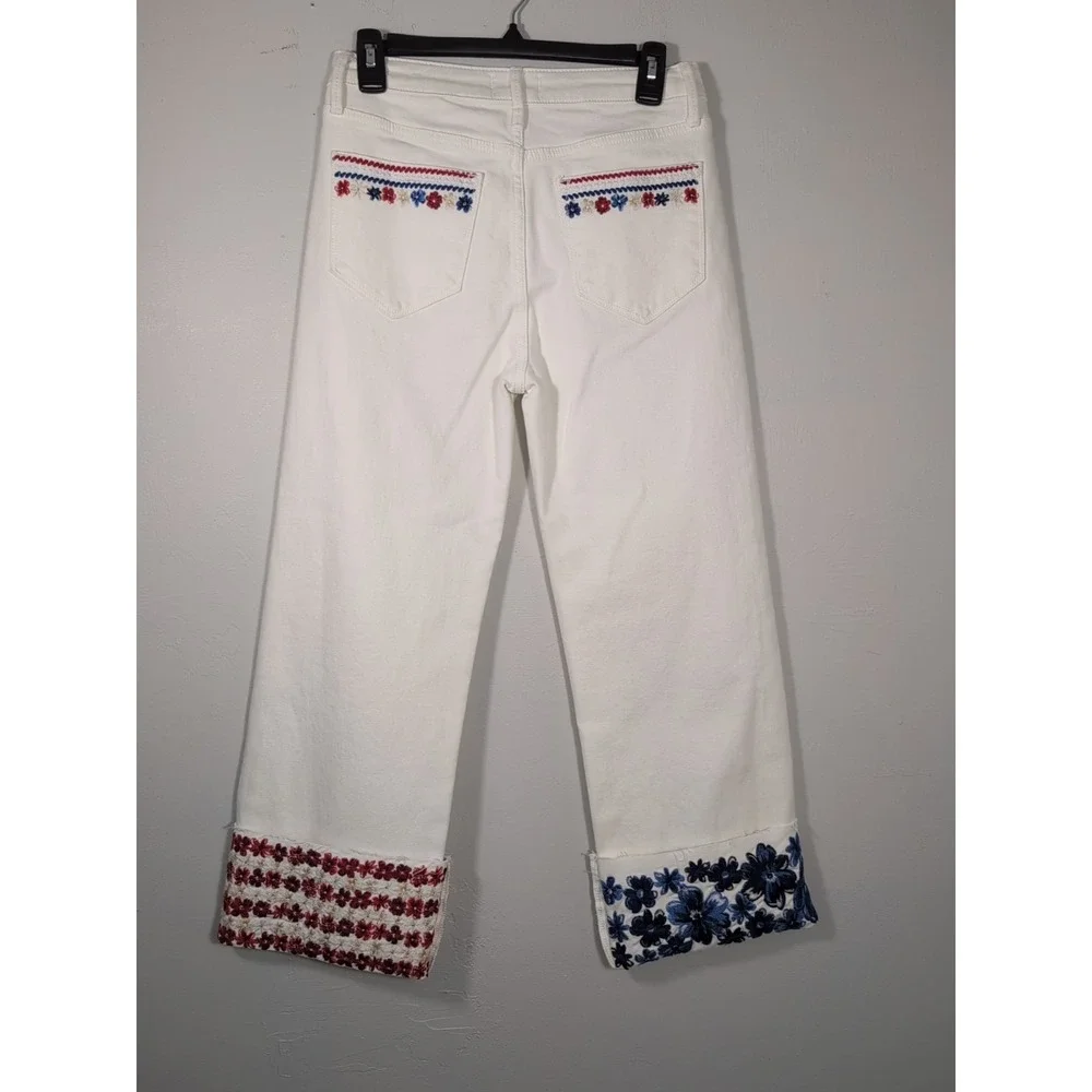 Driftwood White Jeans Womens 34 Crop Embroidered Floral High Rise Stretch Denim - Picture 8 of 12